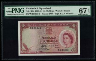 P - 20b Rhodesia & Nyasaland 10 Shillings 1961 Gem Unc Pmg67epq Known Best