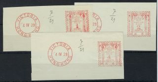 Hong Kong 1929 Red Victoria Sample Meter Mail Strikes On 3 Archival Pieces