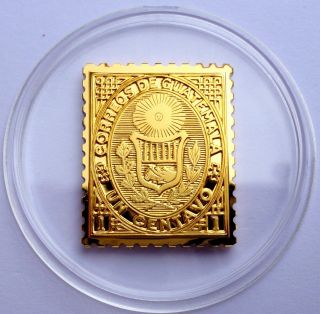 Guatemala 1 Centavo Stamp 1871 Proof 24 K Gold Plated On Sterling Silver
