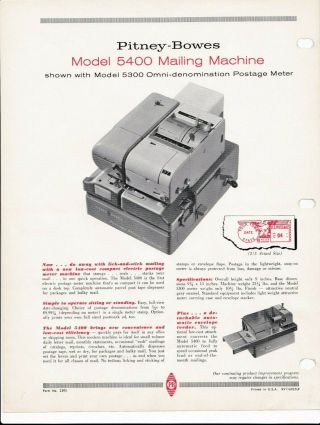 Pitney - Bowes Meter Mailing Machine Flier Model 5400 W/ 5300 Omni - Denomination