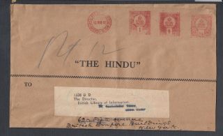 India 1942 Censored Hindu Press Office Meter Mail Wrapper To York Usa