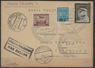 Poland Fischer 219,  271,  273 On Postcard (cp 11 A) Sent By Balloon Mail 1935