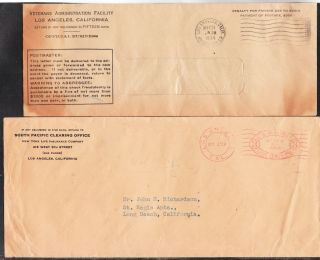Penalty & Metered Mail Ad Covers (va Facility,  Insurance) From Los Angeles,  Ca 1934