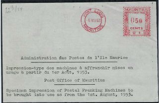 Mauritius 1953 50c Red Port Louis Meter Mail Proof On Bilingual Paper