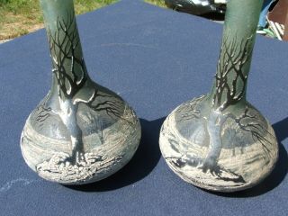 2 Delatte Daum Nancy France Cameo Art Glass Color Change,  Enamel,  Acid Etch Vases