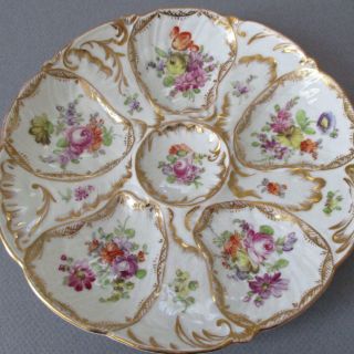 Antique Dresden Hp Porcelain Oyster Plate Colorful Flowers Gilt Trim Hirsch
